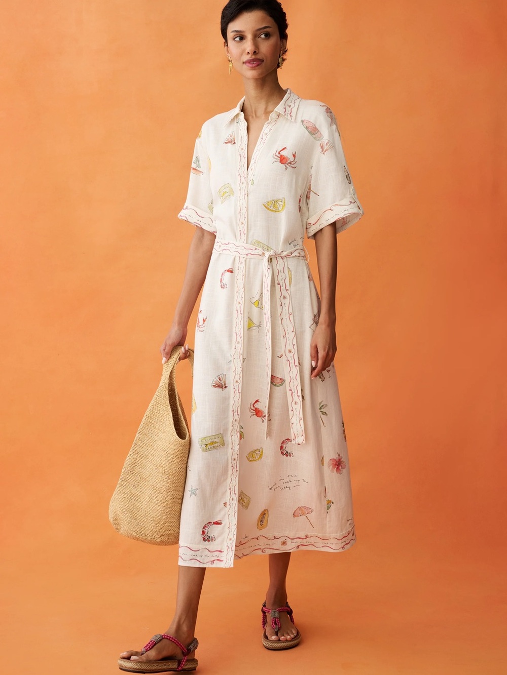 ANAYA Arlo Dress Bondi Beach Few Moda Cream Beach-Print Shirt Dress NWT M Linen